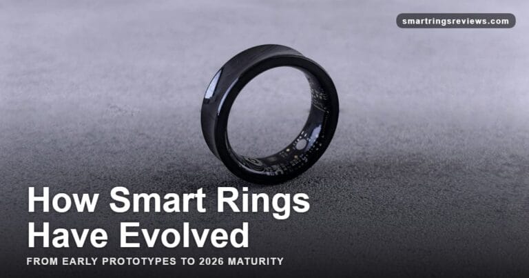 A modern black smart ring with visible circuitry on a textured concrete surface, illustrating the evolution of smart ring technology