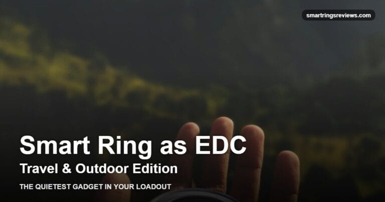 A hand holding a compass against a mountain landscape, illustrating a smart ring as part of a minimalist travel and outdoor everyday-carry