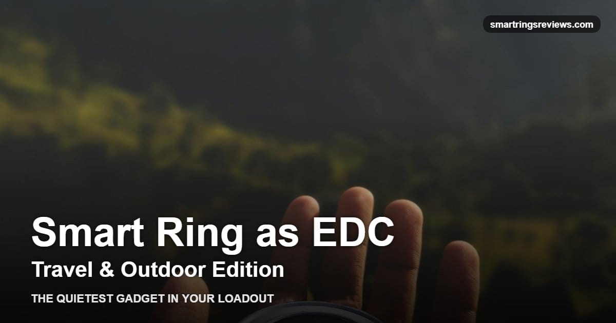 A hand holding a compass against a mountain landscape, illustrating a smart ring as part of a minimalist travel and outdoor everyday-carry