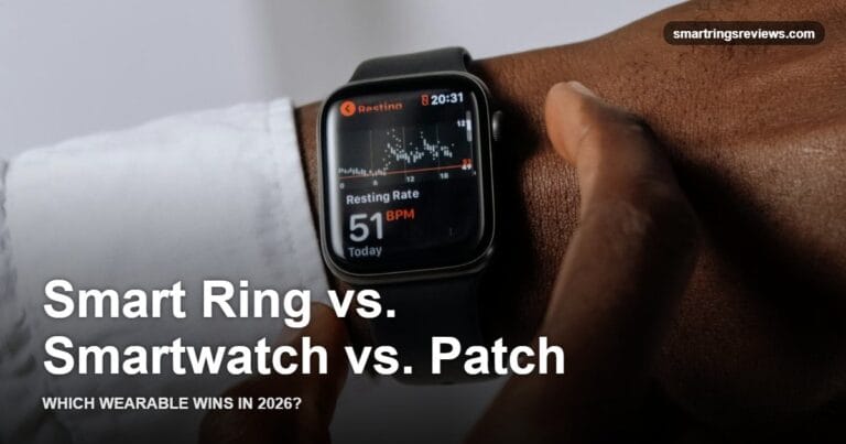 Close-up of a wearable device with a fitness app on the screen, illustrating the comparison between smart rings, smartwatches, and biometric patches