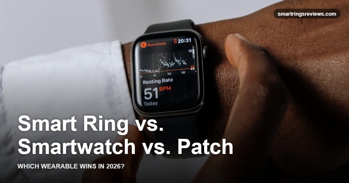 Close-up of a wearable device with a fitness app on the screen, illustrating the comparison between smart rings, smartwatches, and biometric patches