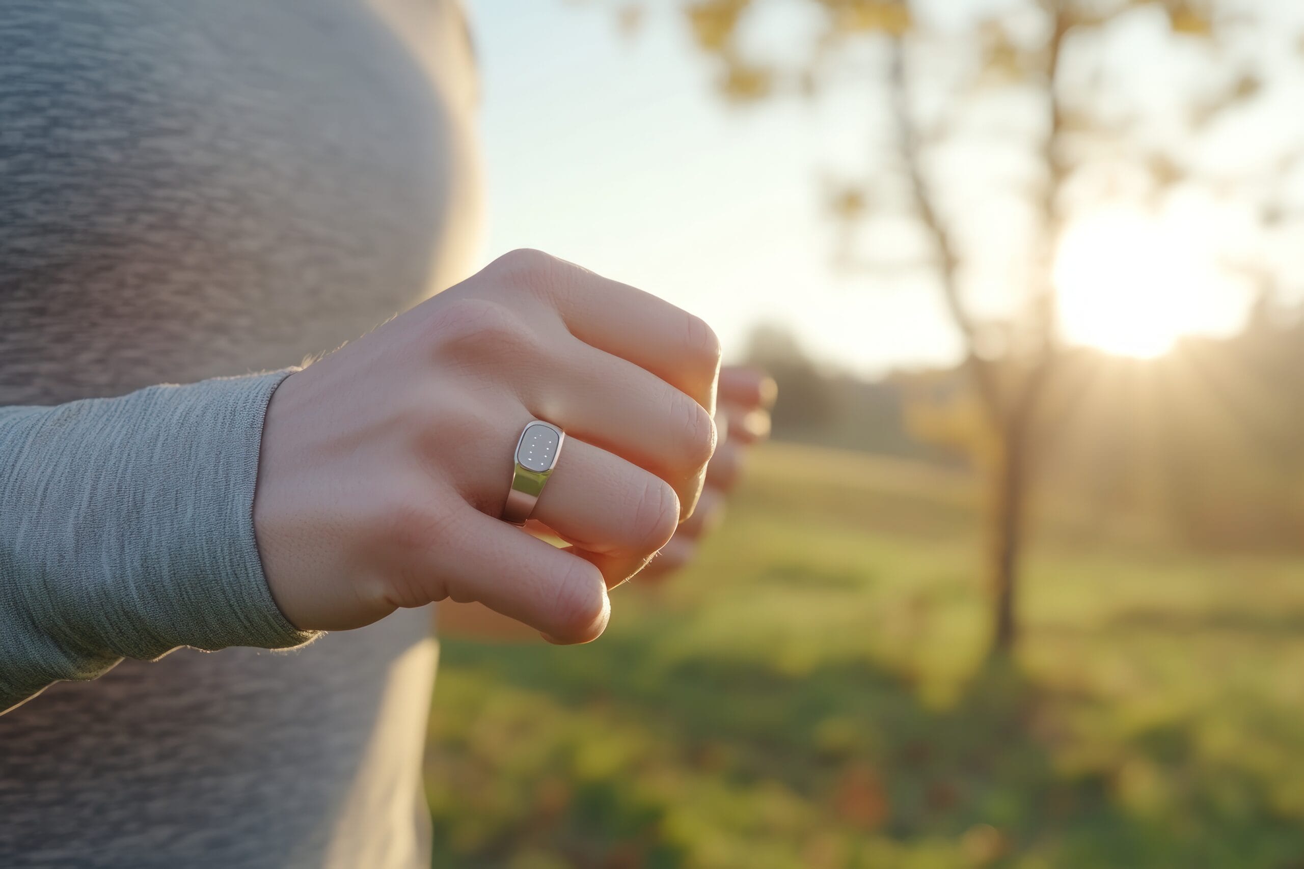 Woman wearing a smart ring tracking health and fitness metrics